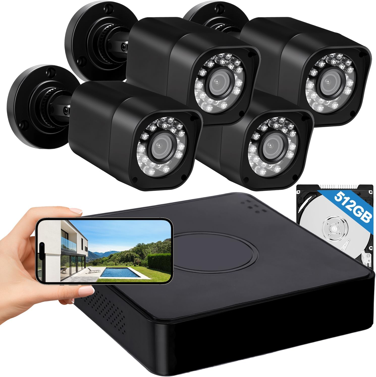 4CH 1080P Wired Security Camera System, CCTV DVR with 512GB Hard Drive, 4 X Home Surveillance IP68 Waterproof Security Cameras with Human Vehicle Detection, Remote Access, 24-7 Recording