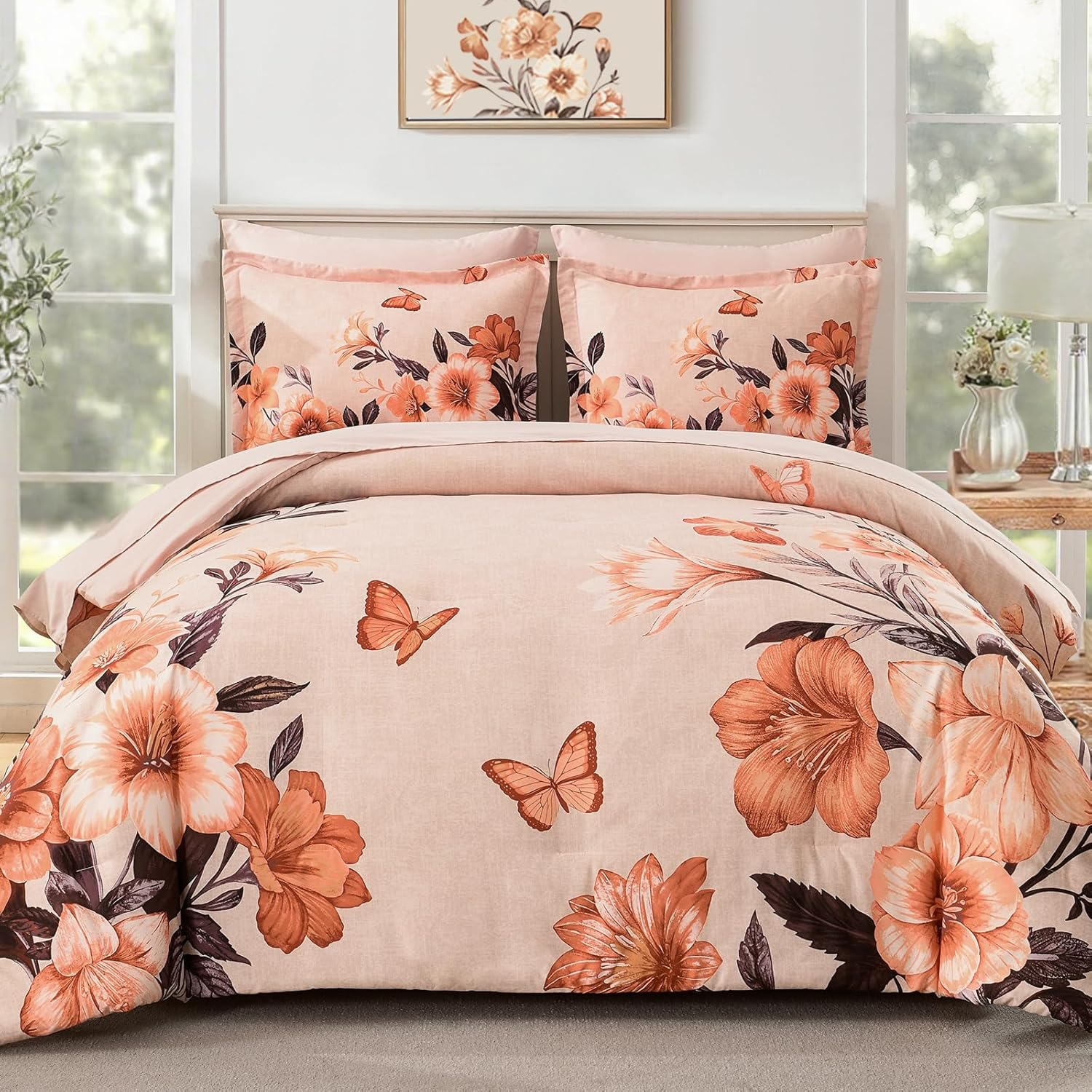 Floral King Size Comforter Set,7 Piece Orange Bed in a Bag, Elegant Flower Pattern Comforter Set with Sheet, Soft Microfiber Complete Bedding Sets for All Season