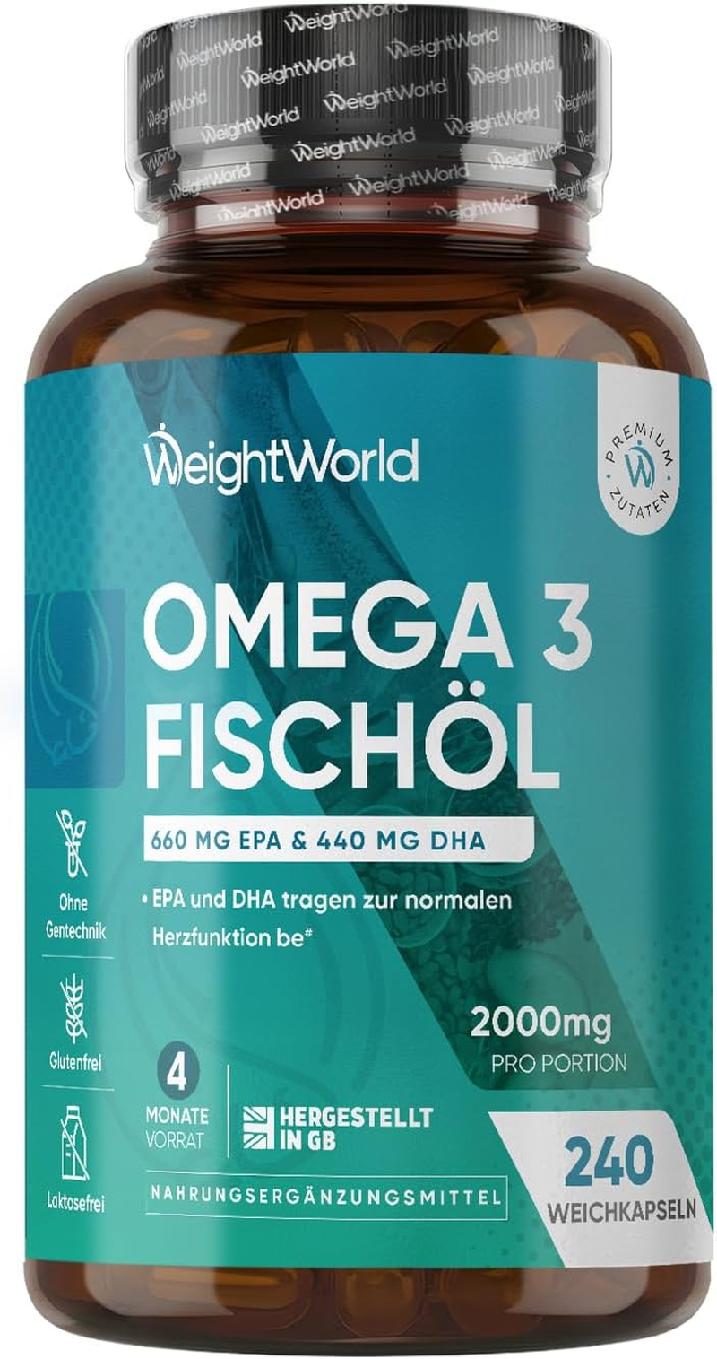 Omega 3 Weichkapseln - 2000Mg Fischöl Mit 1100Mg Omega-3, 660Mg EPA & 440Mg DHA Pro Portion - 240 Omega 3 Weich Kapseln - Fish Oil - Frei Von Gluten, Gentechnik, Laktose - Weightworld
