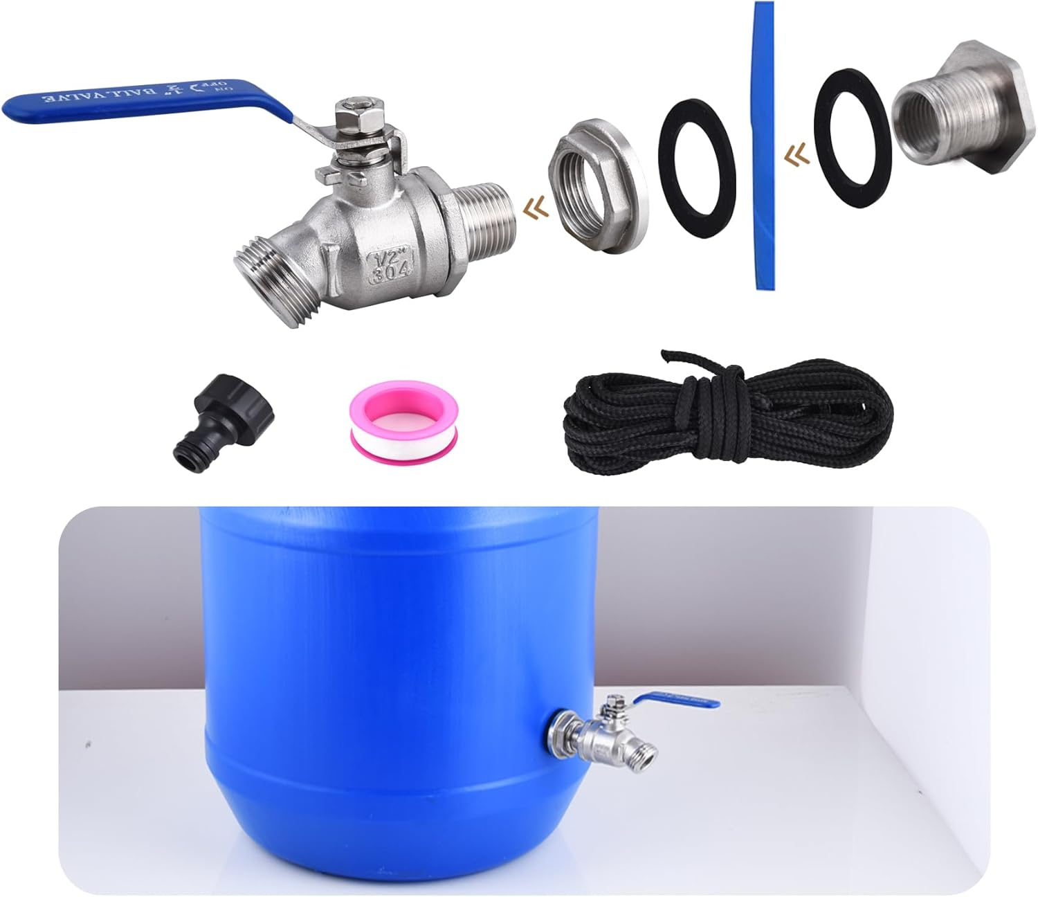 Kit Grifo Barril Lluvia Flujo Alto Acero Inox 304 Sin Plomo Tanque Agua 55Gal