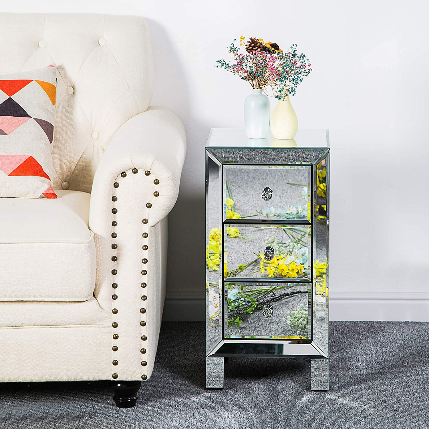 Mirrored Nightstand End Tables 3 Drawers Mirror Accent Side Table Modern beside Table Silver Wcrystal-Style Knobs for Bedroom, Living Room (Silver), (11.81 X 11.81 X 23.62)” (L X W X H)
