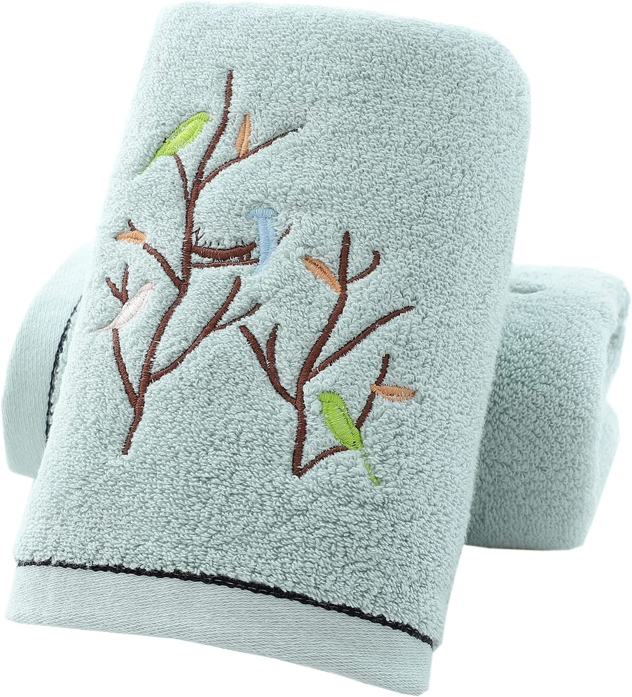 Pidada Hand Towels Set of 2 Embroidered Bird Tree Pattern 100% Cotton Absorbent Soft Decorative Towel for Bathroom 13.8 X 29.5 Inch (Aqua Green)