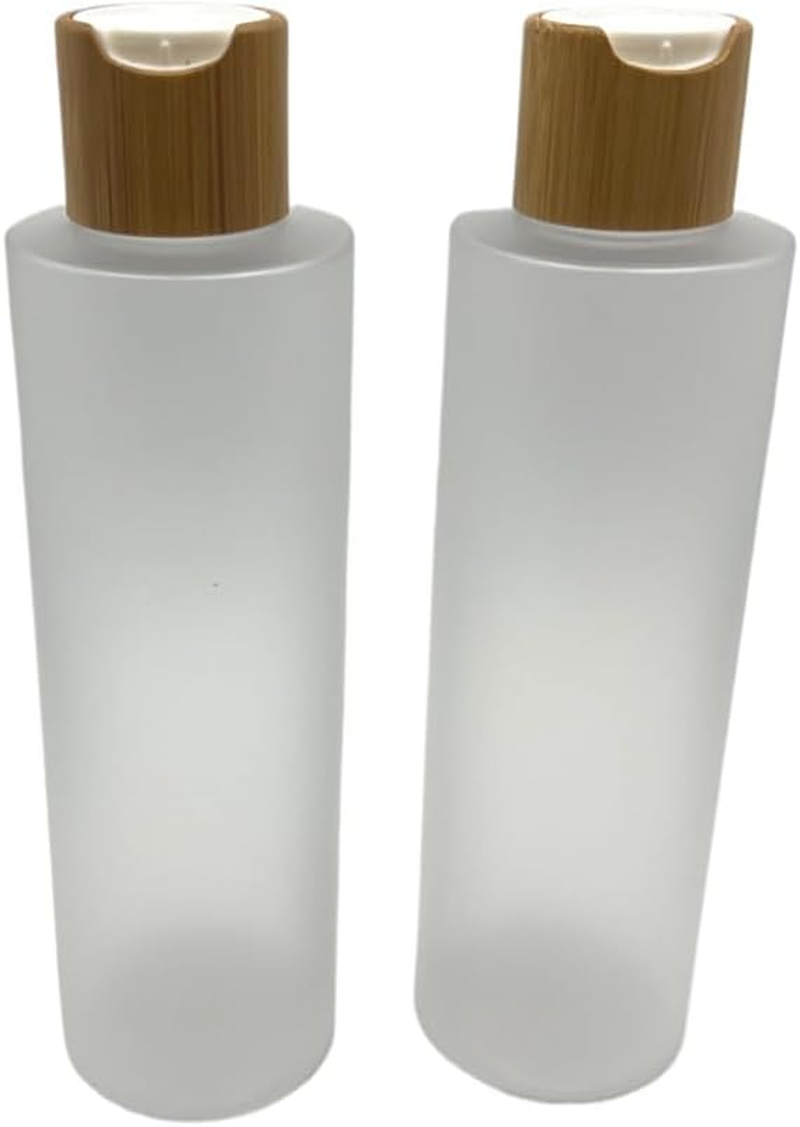 Empty Cosmetic Bottles 8oz/250ml 2 Pack with Bamboo Disc Top Flip Cap for Shampoo Lotion Liquid Soap,Cream,Refilable Plastic Squeeze Travel Size Toiletry Bottles Frost Clear