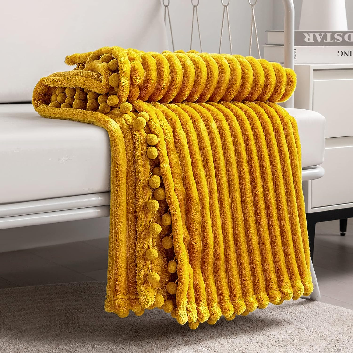 DISSA Fleece Blanket Throw Size – 51X63, Yellow Soft, Plush, Fluffy, Fuzzy, Warm, Cozy Perfect for Couch, Bed, Sofa - with Pompom Fringe Flannel
