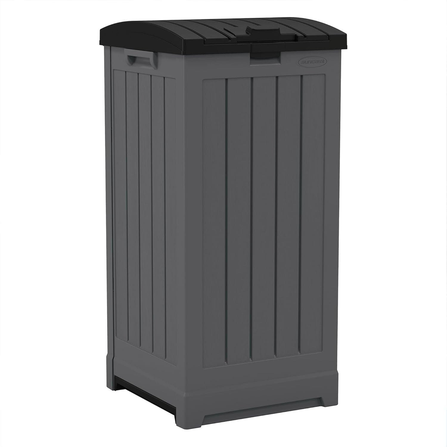 Suncast Trash Hideaway 39 Gallon Outdoor Trash Can Patio or Deck Waste Bin with Latching Lid, Liquid Tray, Handles, and Trash Bag Holder, Peppercorn