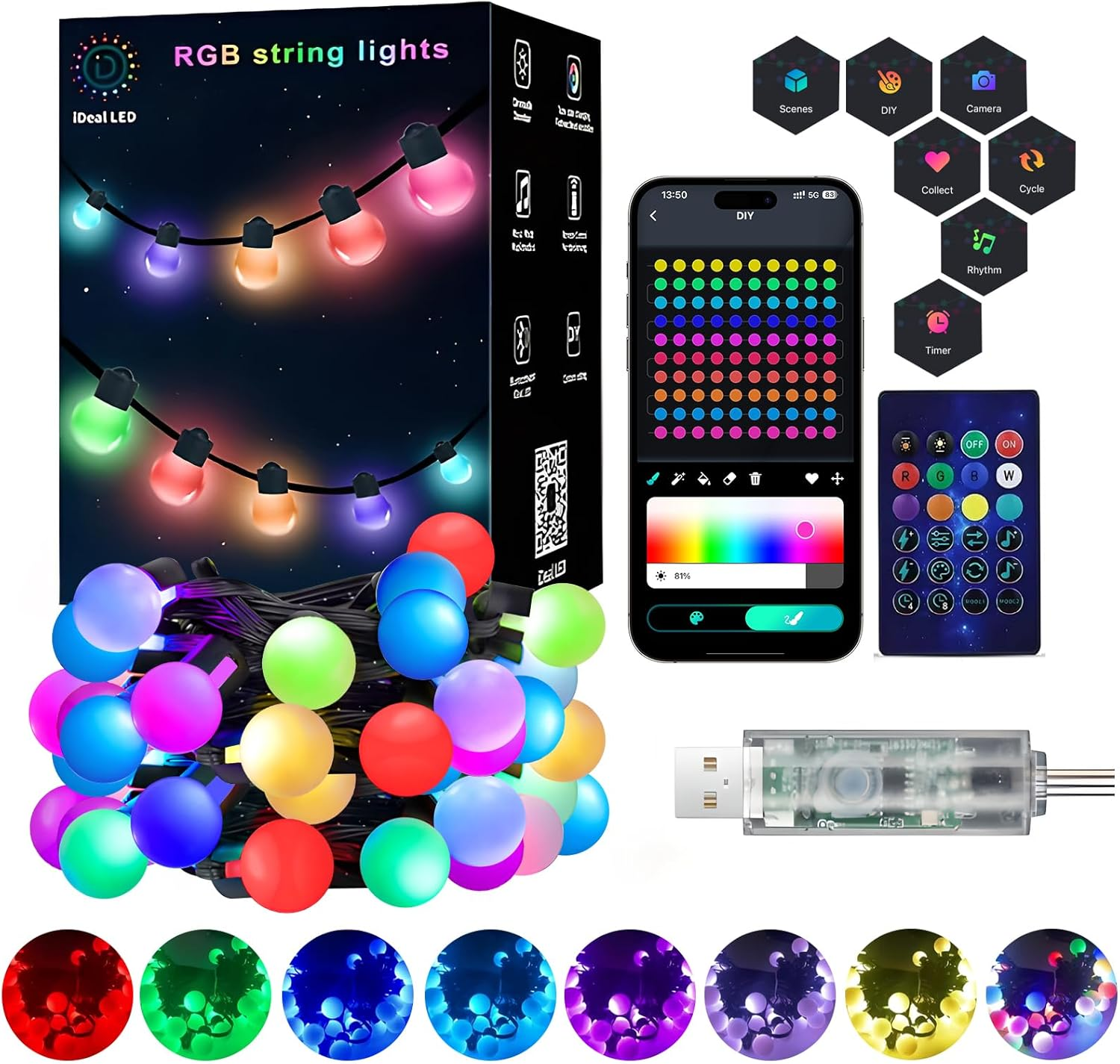 16.4Ft Smart Globe String Lights, 25 Dimmable RGB Mini LED Fairy Lights, Color Changing Effect Hanging with App & Remote Control for Halloween Christmas Indoor Outdoor Patio Room Party Decor