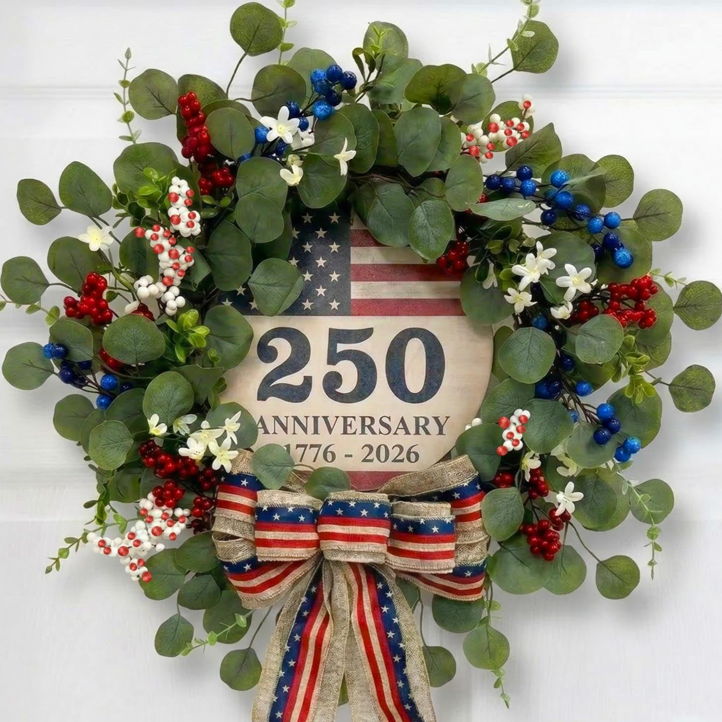 4Th of July Eucalyptus Wreath for Front Door - 23 Inch 1776-2026 USA 250Th Anniversary Patriotic Outdoor Decorations, Memorial Day Wreaths with Red White Blue Berries and Bow