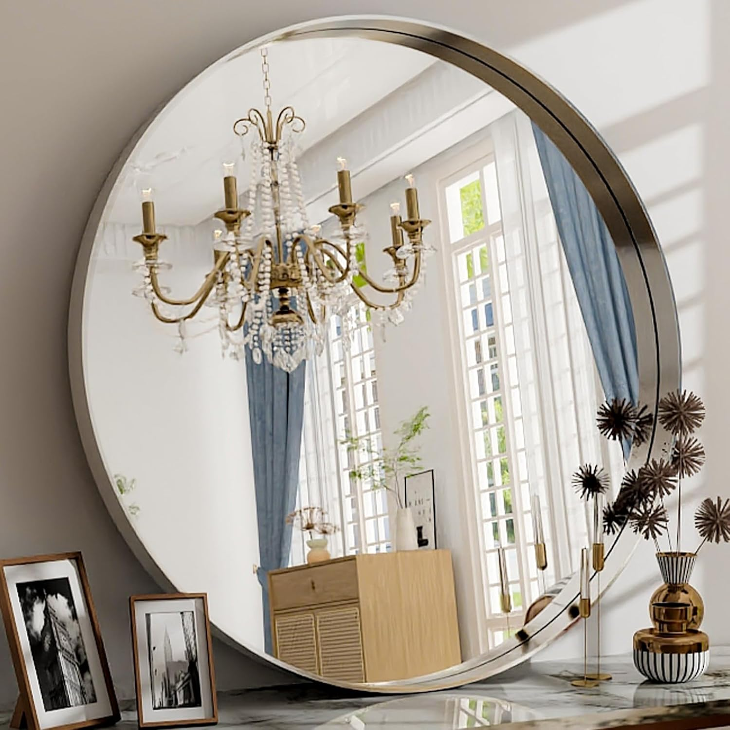 24 Inch round Bathroom Mirror - Wall Mounted Circle Mirror with Metal Frame, Modern Mirror Suitable for Bathroom, Vanity, Entryway, Living Room, Wall Decor，Silver