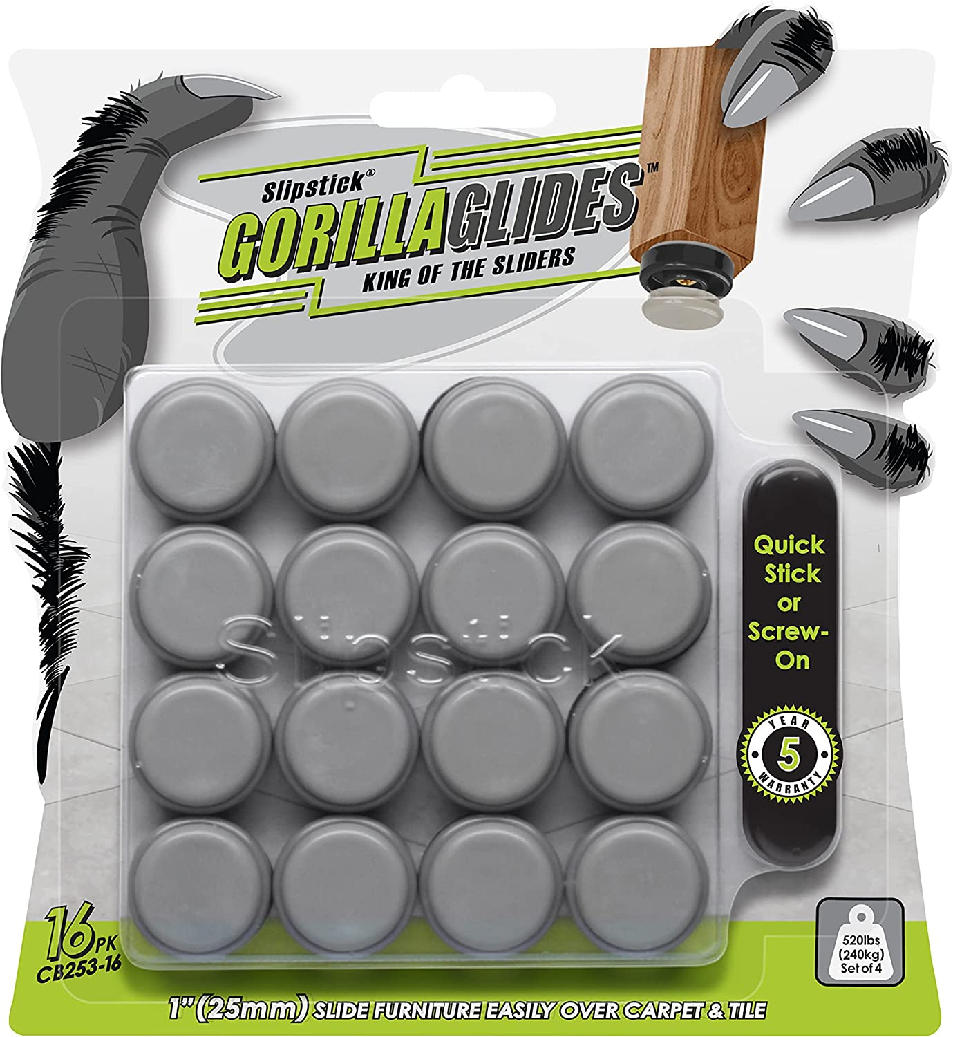 GorillaGlides 1 Inch (25mm) Chair Sliders/Floor Protectors (16 Furniture Glides) Screw-On or Self-Adhesive, for Sliding on Carpet & Hard Surface Floors, Round, CB253-16