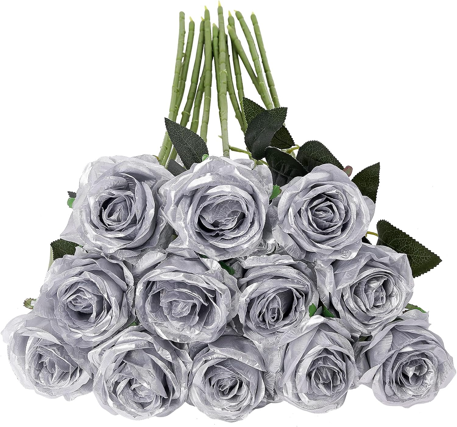 Roses Artificial Flowers -12Pcs Realistic Single Long Stem Fake Silk Silver