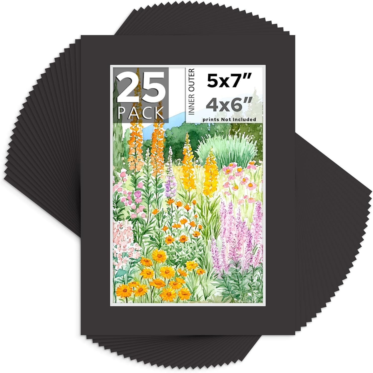 Mat Board Center, Pack of 25, 5X7 for 4X6 Black Mats - Acid Free, 4-Ply Thickness, White Core - for Pictures, Photos, Framing