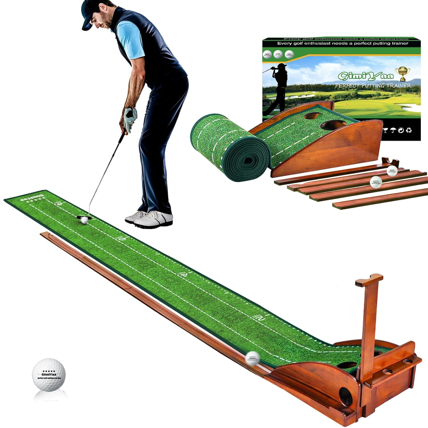 Gimyaa Golf Putting Mat Green Indoor and Outdoor with Auto Ball Return,Game Practice Golf Gifts for Home, Office, Backyard Indoor Golf and Outdoor Use, Crystal Velvet Mat