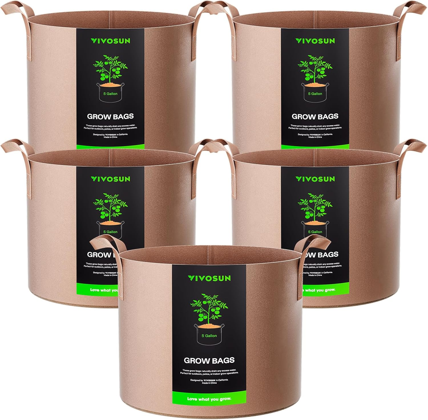 5-Pack 5 Gallons Grow Bags Heavy Duty Thickened Nonwoven Fabric Pots with Strap Handles Tan