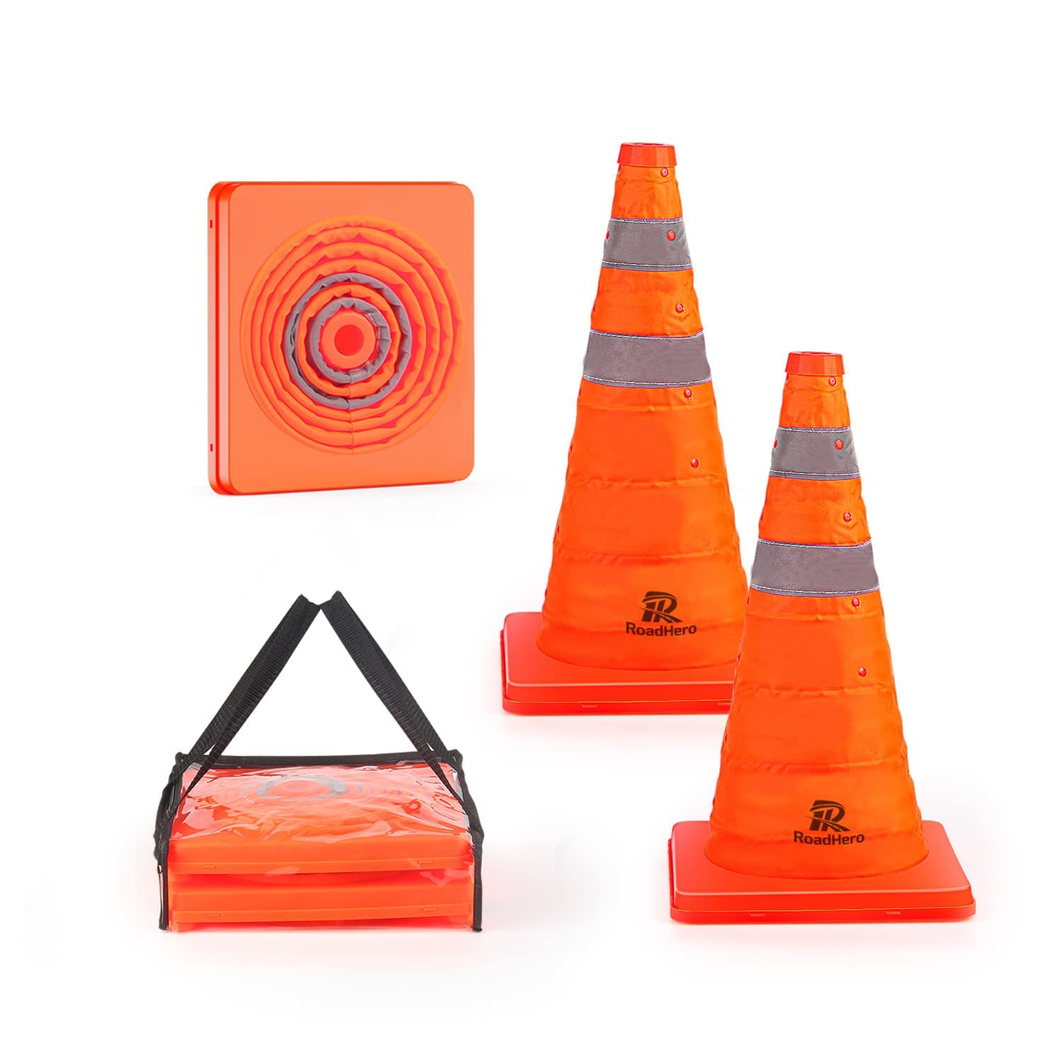 Roadhero 18 Inch 2 Pack Collapsible Traffic Safety Cones, Multi Purpose Pop-Up Cones with Reflective Collar for Road Safety, Orange Cones for Driving Training, Parking Lots