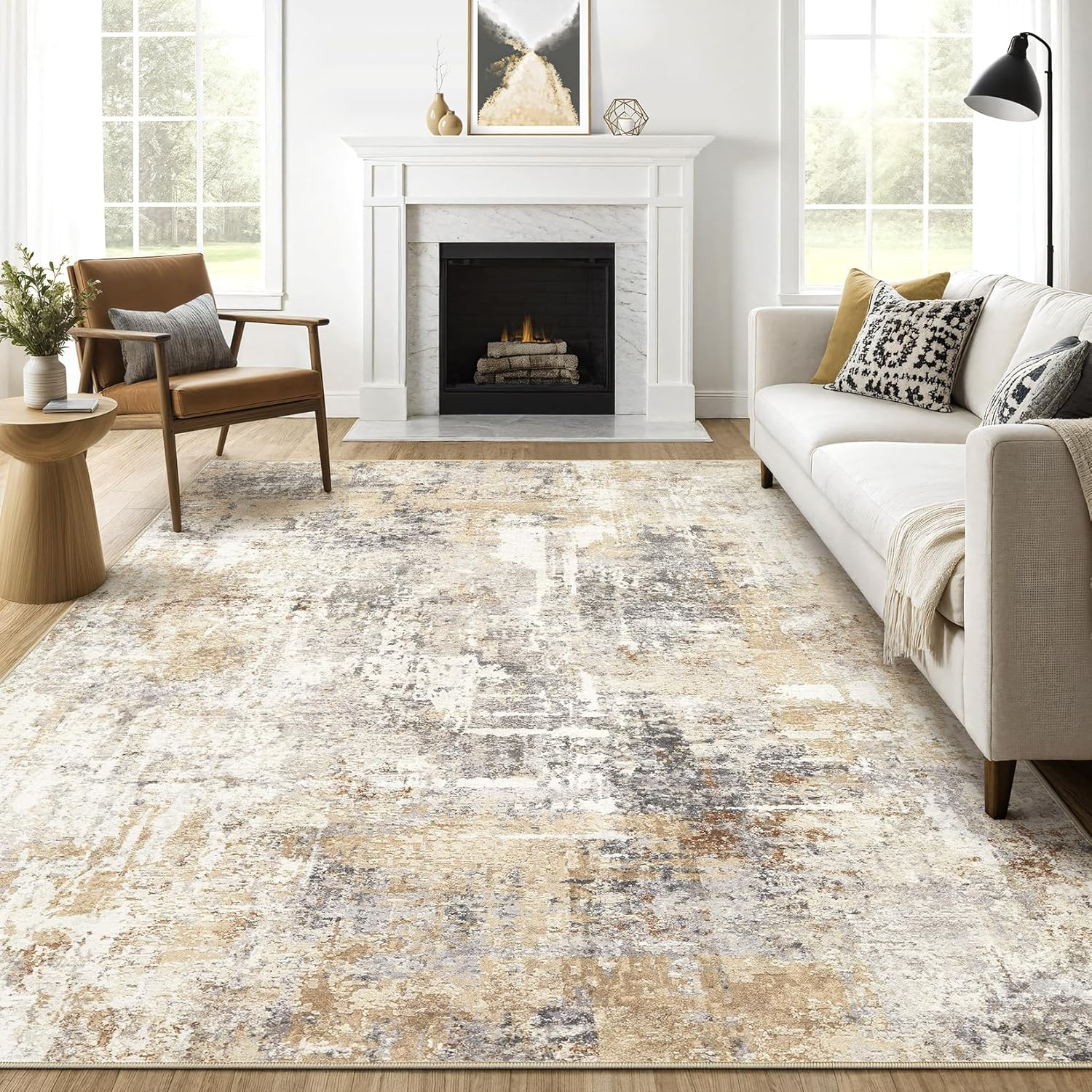 8X10 Area Rugs Living Room: Washable Large Abstract Neutral Modern Soft Rug Stai