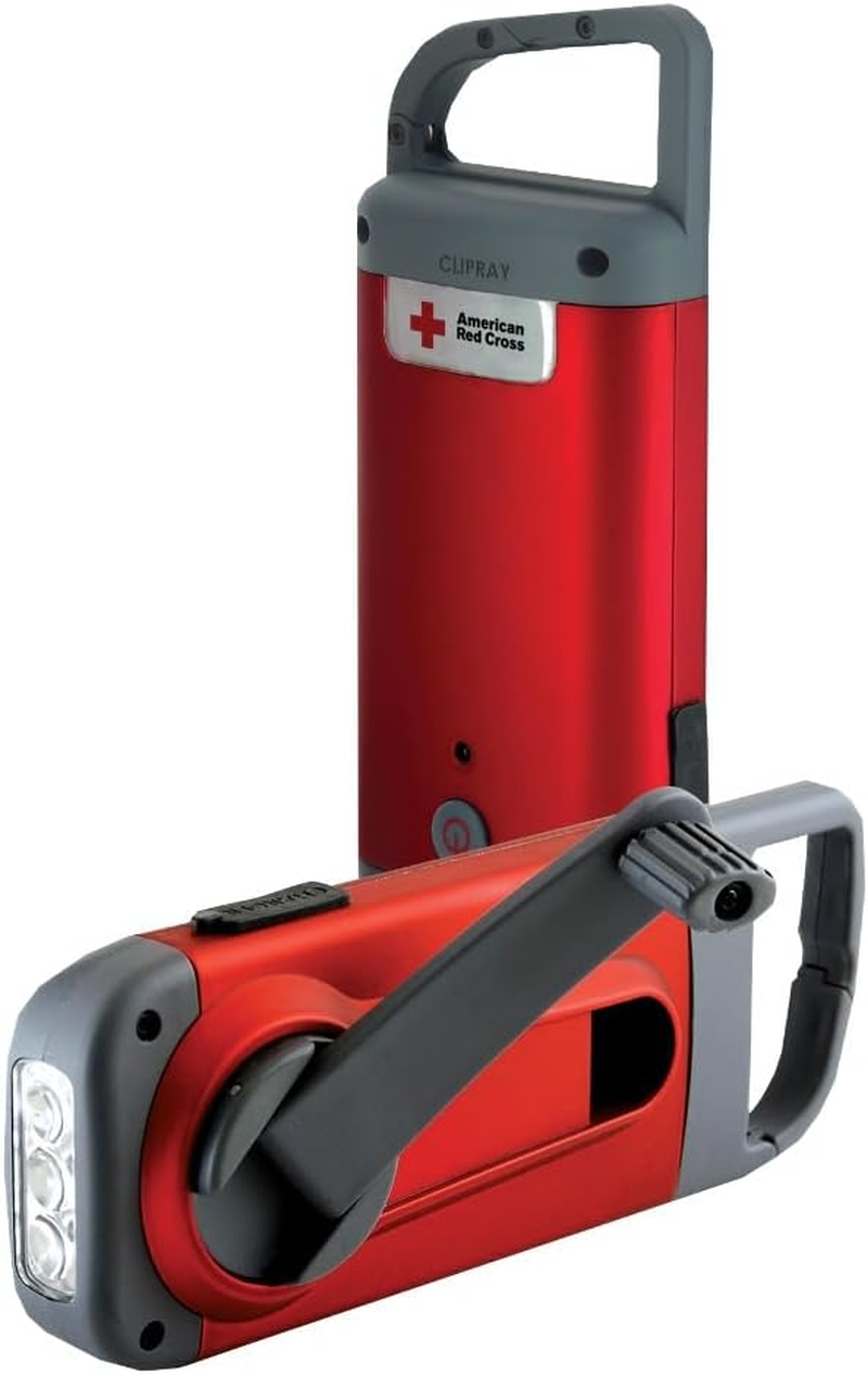 American Red Cross Crank-Powered Clipray Clip-On Flashlight & Smartphone Charger, Hand Crank, Cherry Red, Commitment to Preparedness