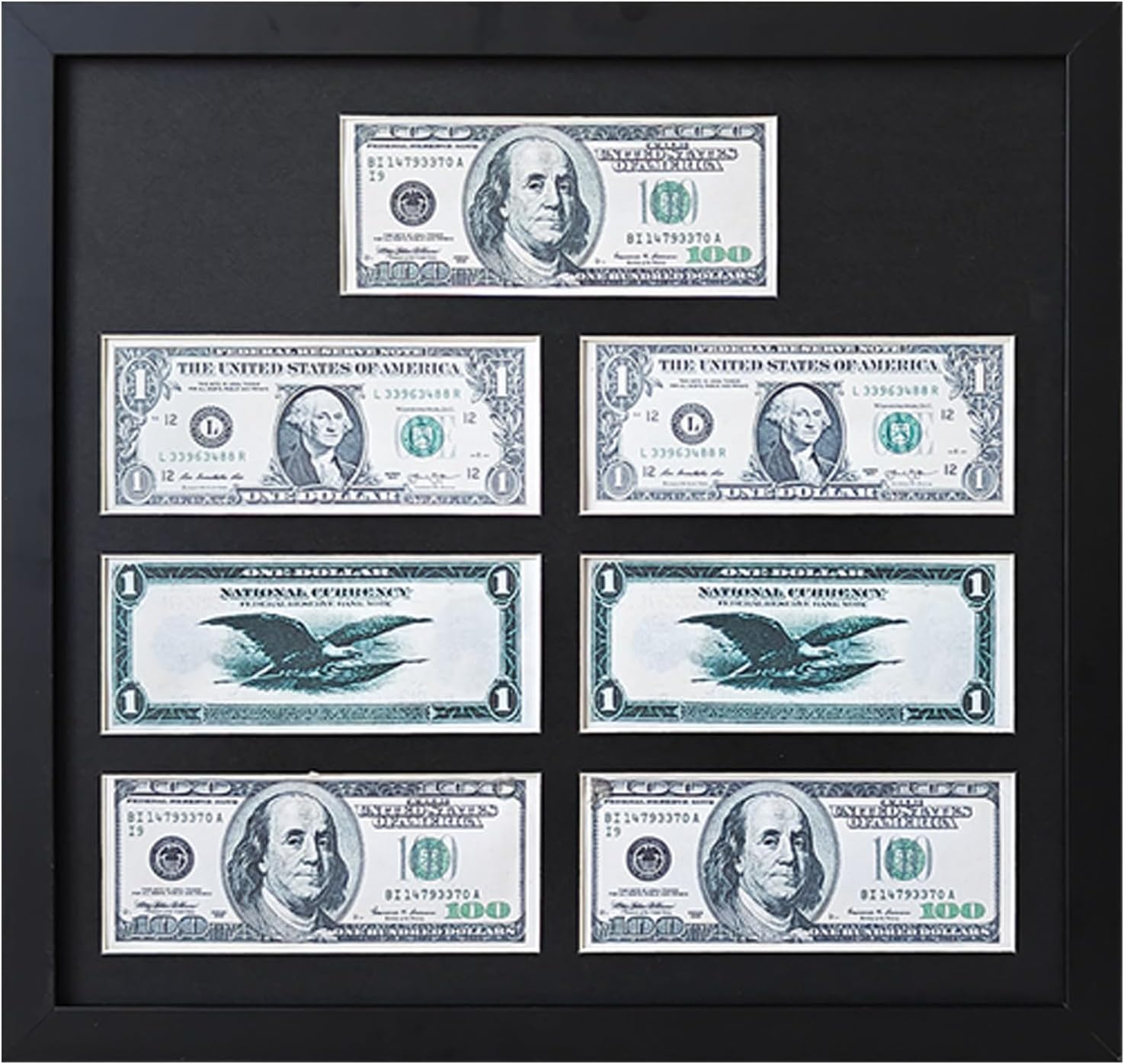 Multi-Dollar Picture Frame,Dollar Bill Frame,Dollar Bill Holder,14X15 Frame for Dollar Bill Display Case,Currency Display Frame for 7 Sheets Money Ticket Picture,Easel Stand and Wall Hanger Included