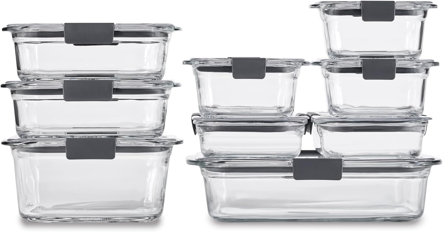 Rubbermaid Brilliance Glass Food Storage Containers, Assorted Sizes, Set of 9, Bpa-Free, Leak-Proof, Clear