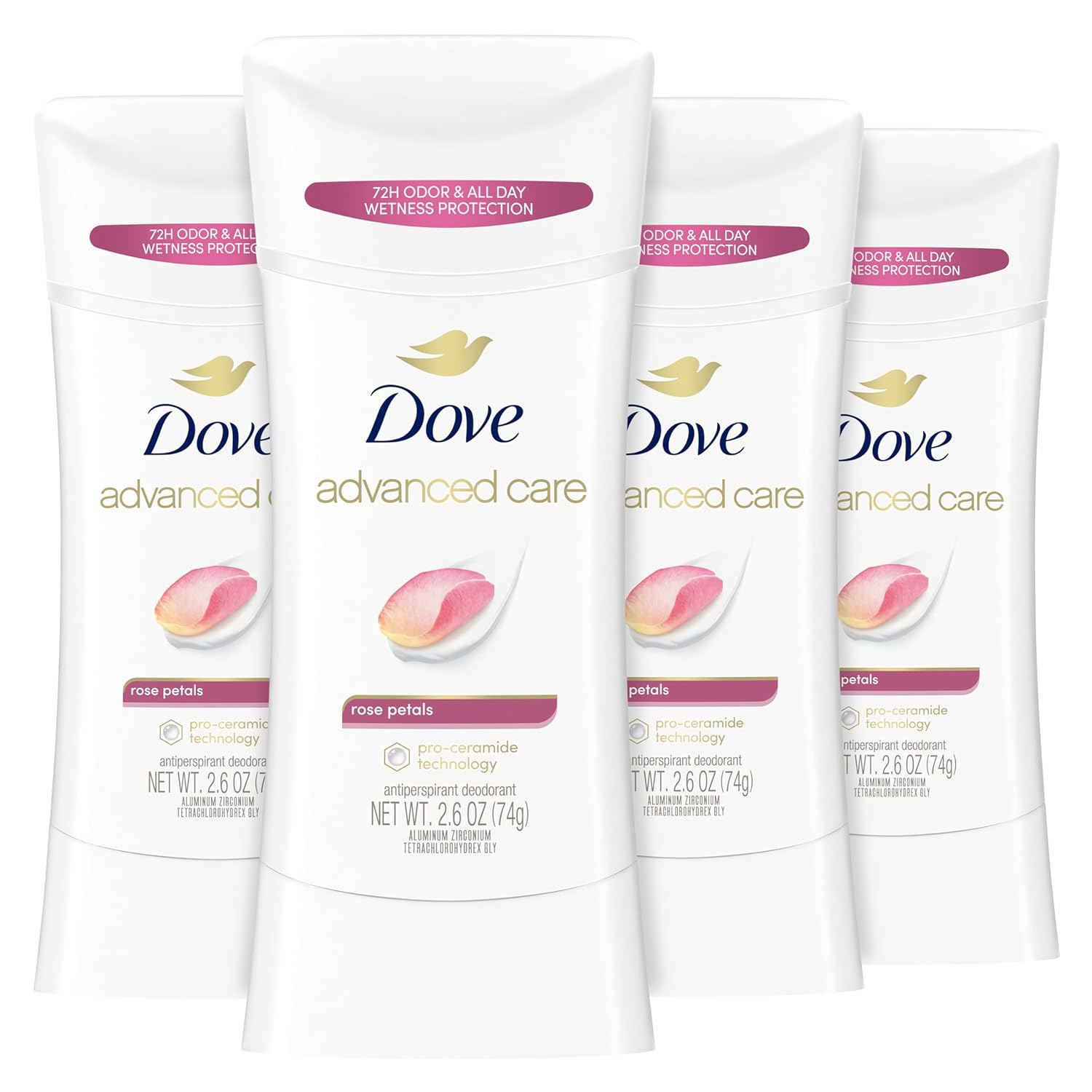 Advanced Care Antiperspirant Deodorant Stick Rose Petals 4 Count for after Shave Care for Underarms 72 Hour Odor Control with All-Day Sweat Protection Stick for Soft Underarms 2.6 Oz