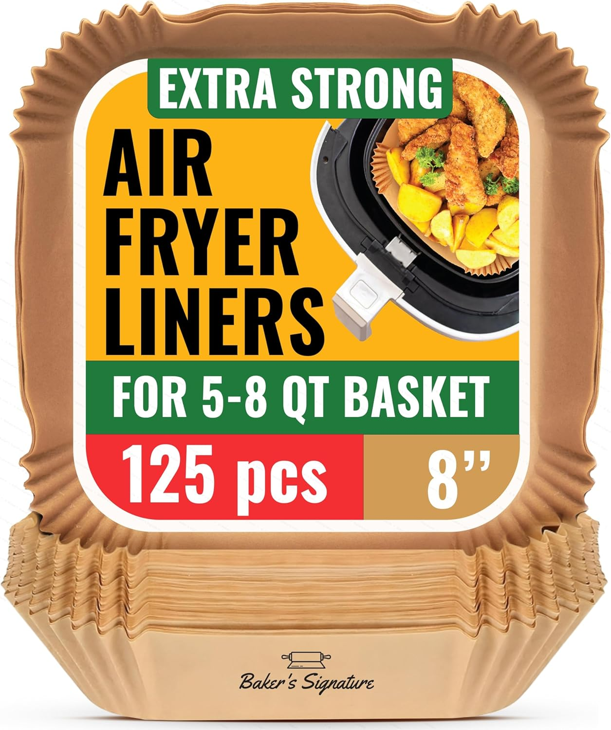 Air Fryer Paper Liners, 125Pcs Air Fryer Disposable Liners, Non-Stick and Oil Proof for Easy Cleanup, 8” Square for 5-8 Qt Basket by