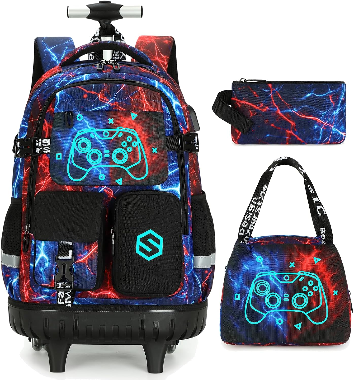 Cool Luminous Rolling Backpack for Boys with Lunch Bag Pencil Pouch