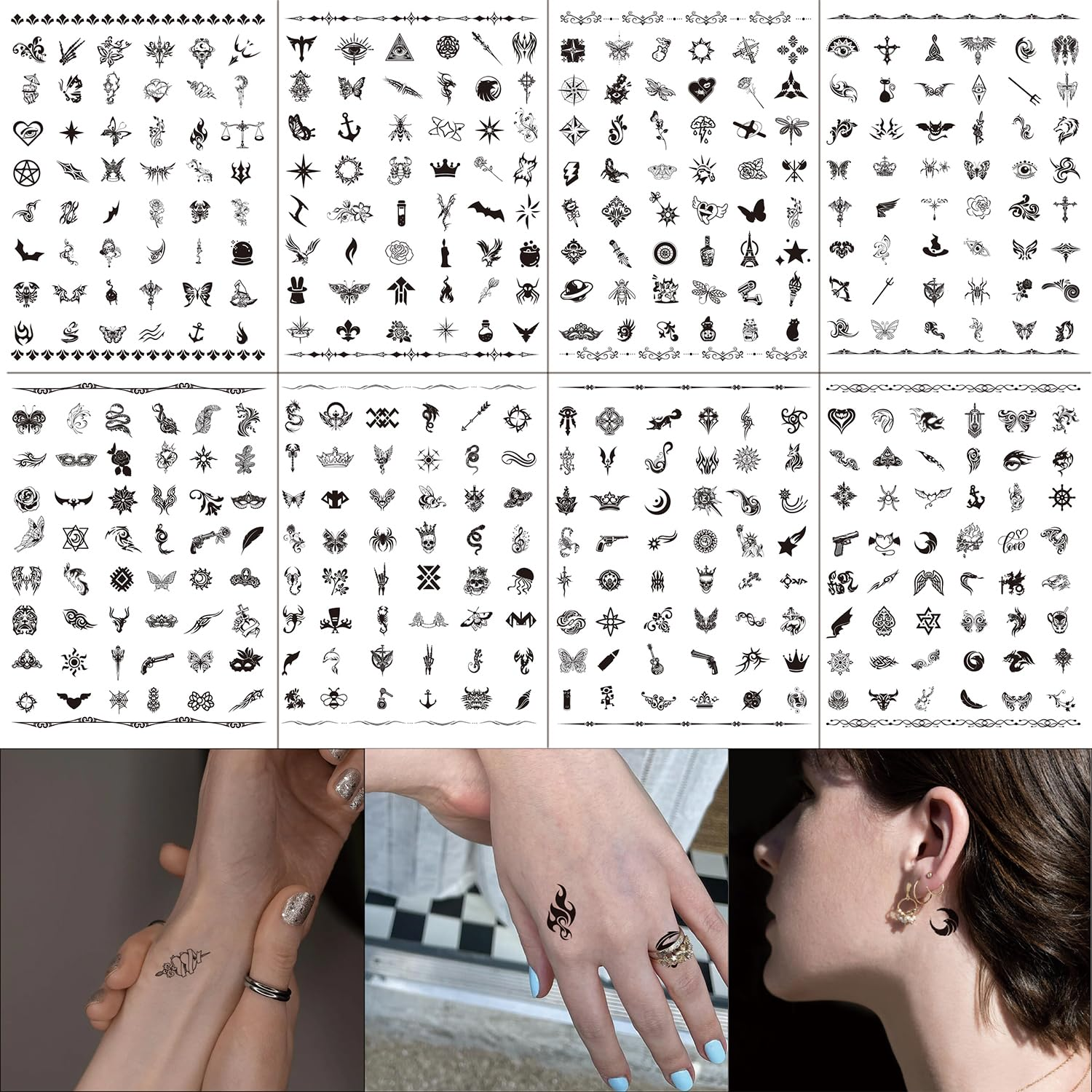 Small Temporary Tattoos for Adult Women Men ，380+ Styles 8 Sheets Fake Finger Face Hand Neck Realistic Temporary Tattoos for Kids Boy，Cute Black Tattoo Stickers