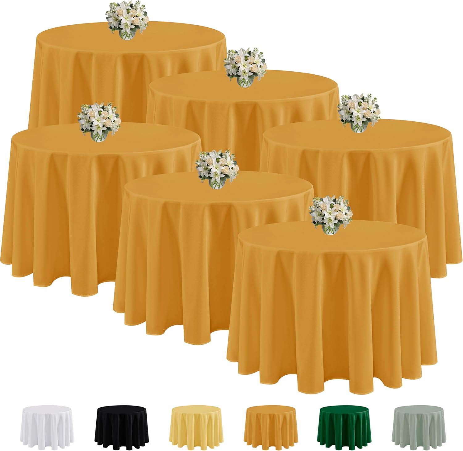 6 Pack Gold round Tablecloths - 120 Inches round - Wrinkle and Stain Resistant Fabric Table Clothes, Washable Polyester Table Covers for Wedding Party Banquet Formal Events Fall Thanksgiving
