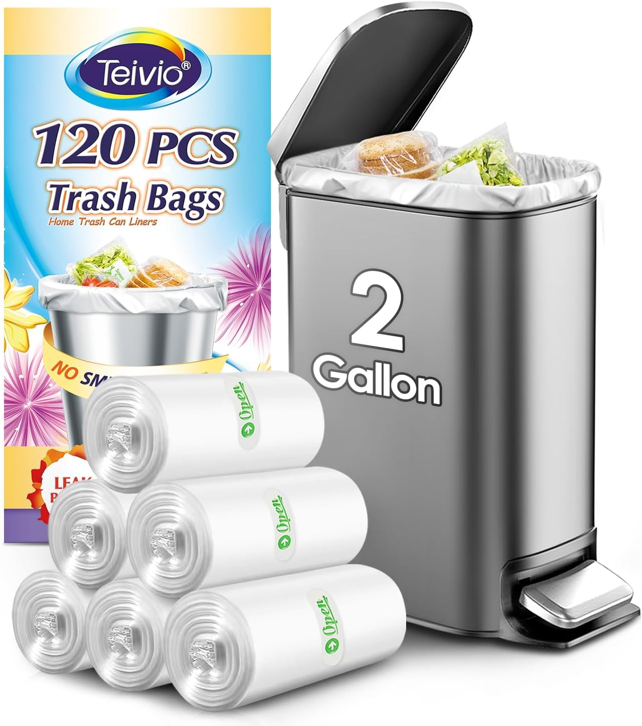 2 Gallon 120 Counts Strong Trash Bags Garbage Bags by , Bathroom Trash Can Bin Liners, Plastic Bags for Home Office Kitchen, Clear