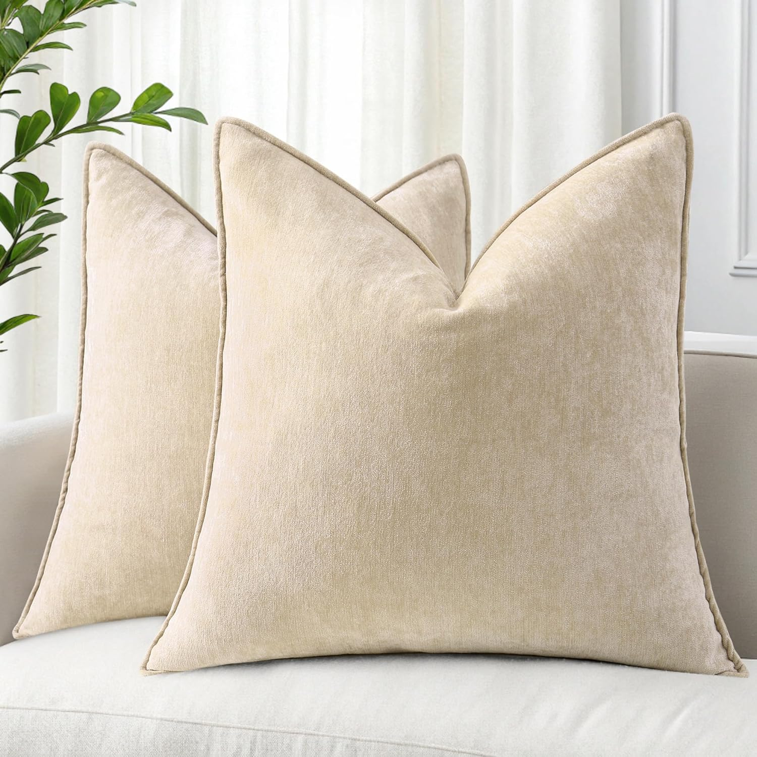 Spring Couch Throw Pillow Covers 18x18 Set of 2, Decorative Soft Velvet Modern Cozy Chenille Pillow Cases with Elegant Design for Sofa Bed Living Room Home Decor, Beige
