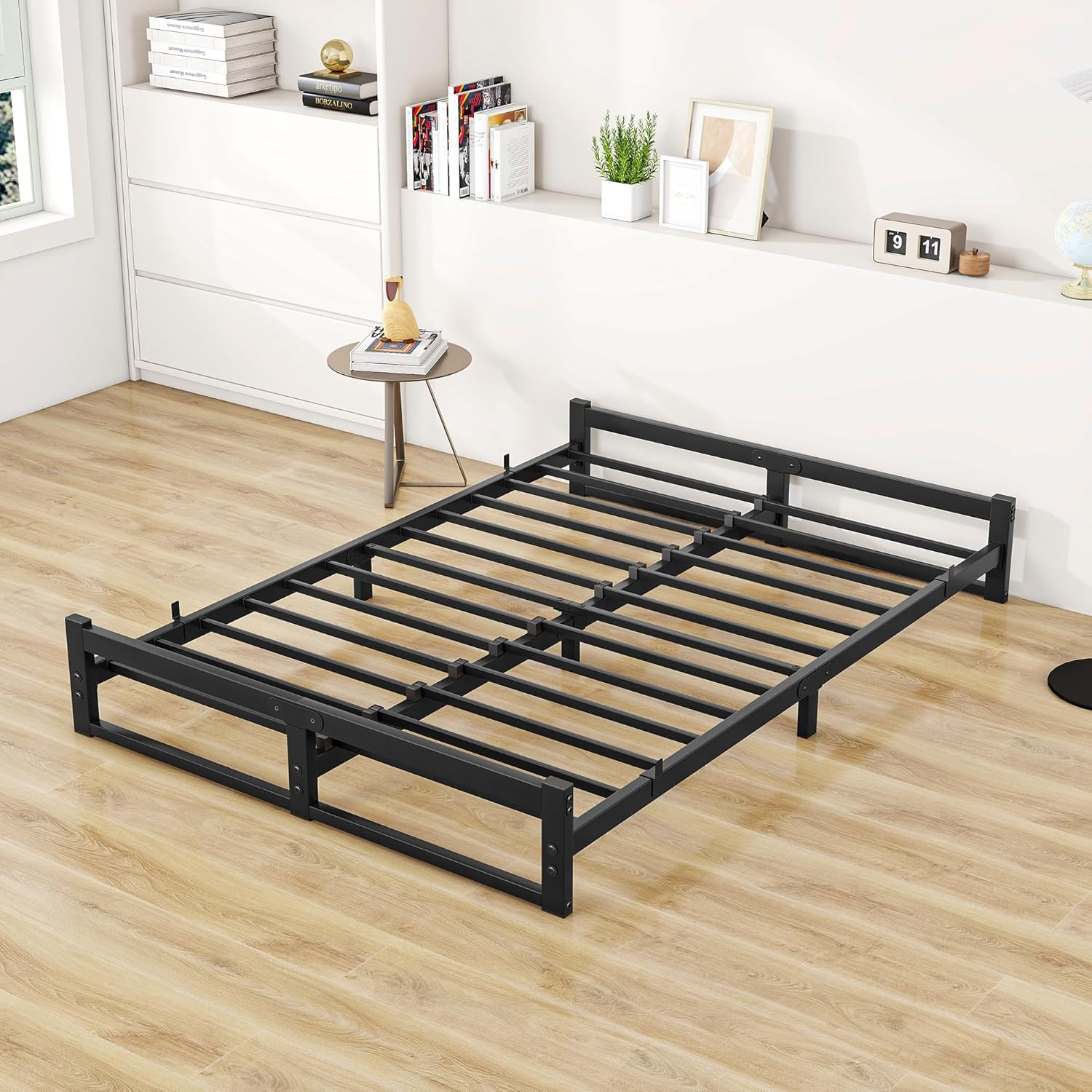 Double Bed Frame,4Ft6 Floor Bed Frame Double Bed Base with Reinforced Steel Slats,Metal Platform Low Bed Double135X190 Cm,Mattress Base No Box Spring Needed,No Noise,Black