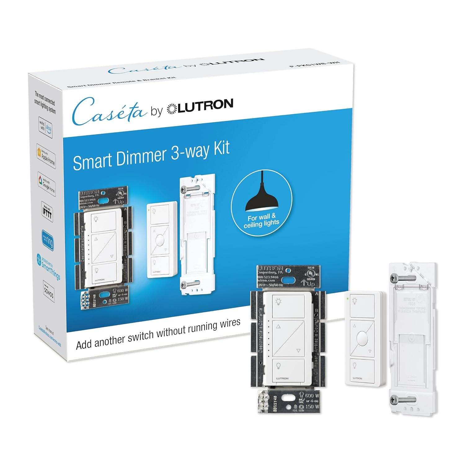Lutron Caseta 3 Way Smart Dimmer Switch Kit, W/ Wireless 3 Way Pico Remote and Bracket, Light Switch for LED Lights, No Neutral Required, P-PKG1WB-WH
