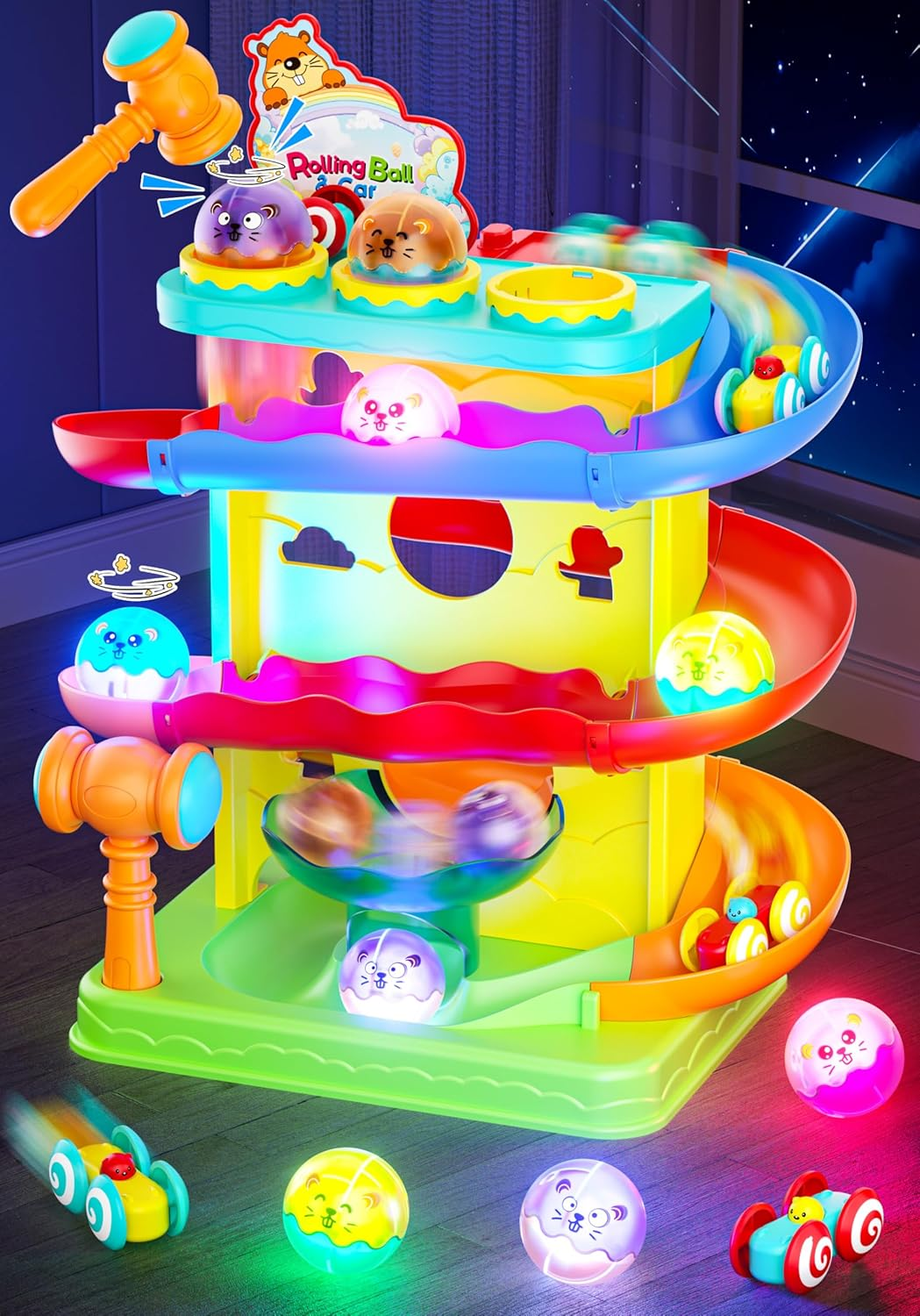 2-In-1 Light up Rolling Ball & Racing Car Ramp Toddler Toy