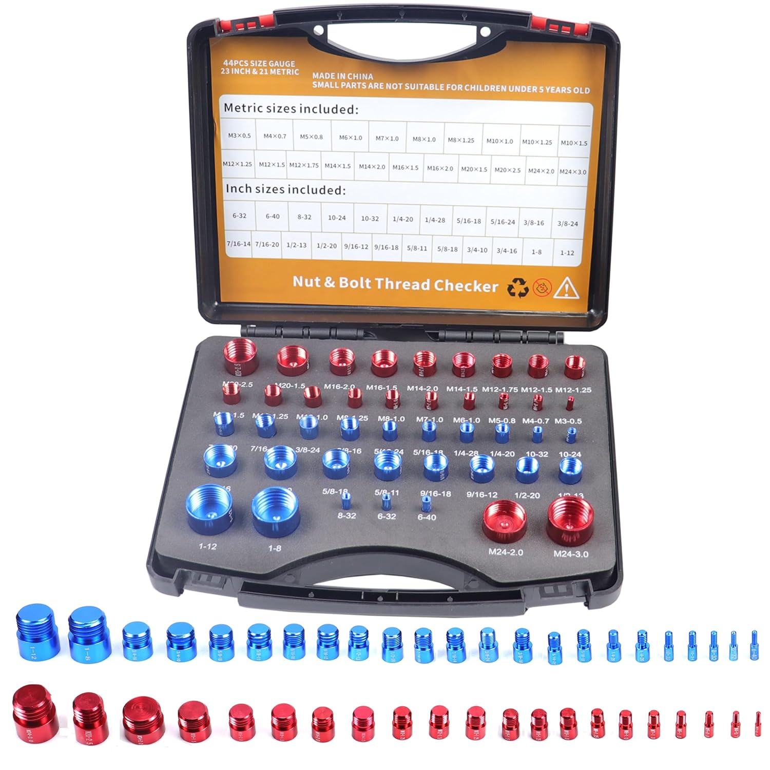 44Pcs Nut and Bolt Thread Checker, 23 Inch & 21 Metric Box Set Thread Gauge, Thread Checker Standard and Metric Suitable for Size Checker of Bolts or Nuts in Narrow Areas