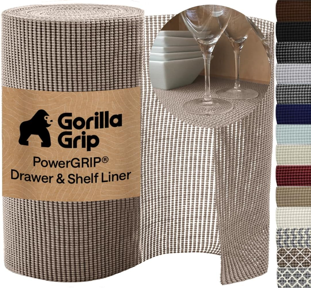GORILLA GRIP Powergrip Drawer Shelf and Cabinet Liner, Thick Strong Hold, Non-Adhesive Liners Protect Kitchen Cabinets and Cupboard, Bathroom Drawers, Easy Install Mat, 12" X20', Beige