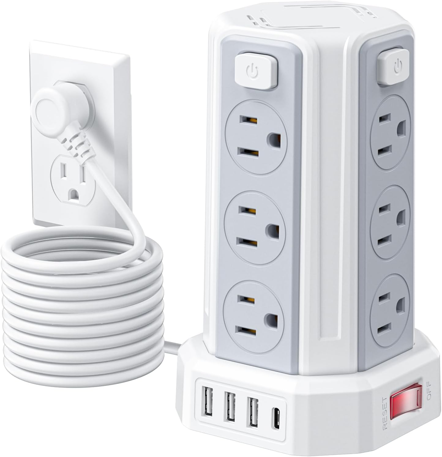Power Strip 10 Ft Extension Cord with 12 AC Multiple Outlets 4 USB (1 USB C),  Power Strip Tower Desktop Charging Station for Home Office College Dorm Essentials