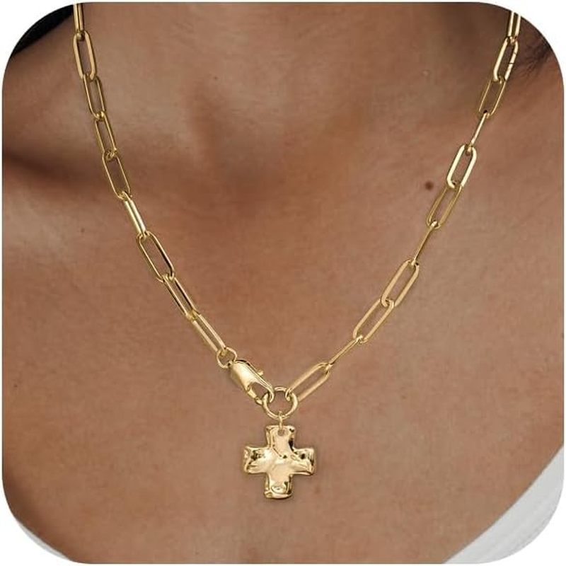 Chunky Cross Necklace for Women Trendy 14K Gold Silver Plated Statement Big Cross Pendant Paperclip Chain Charm Necklaces Religious Faith Easter Basket Stuffers Baptism Costume Jewelry Gift