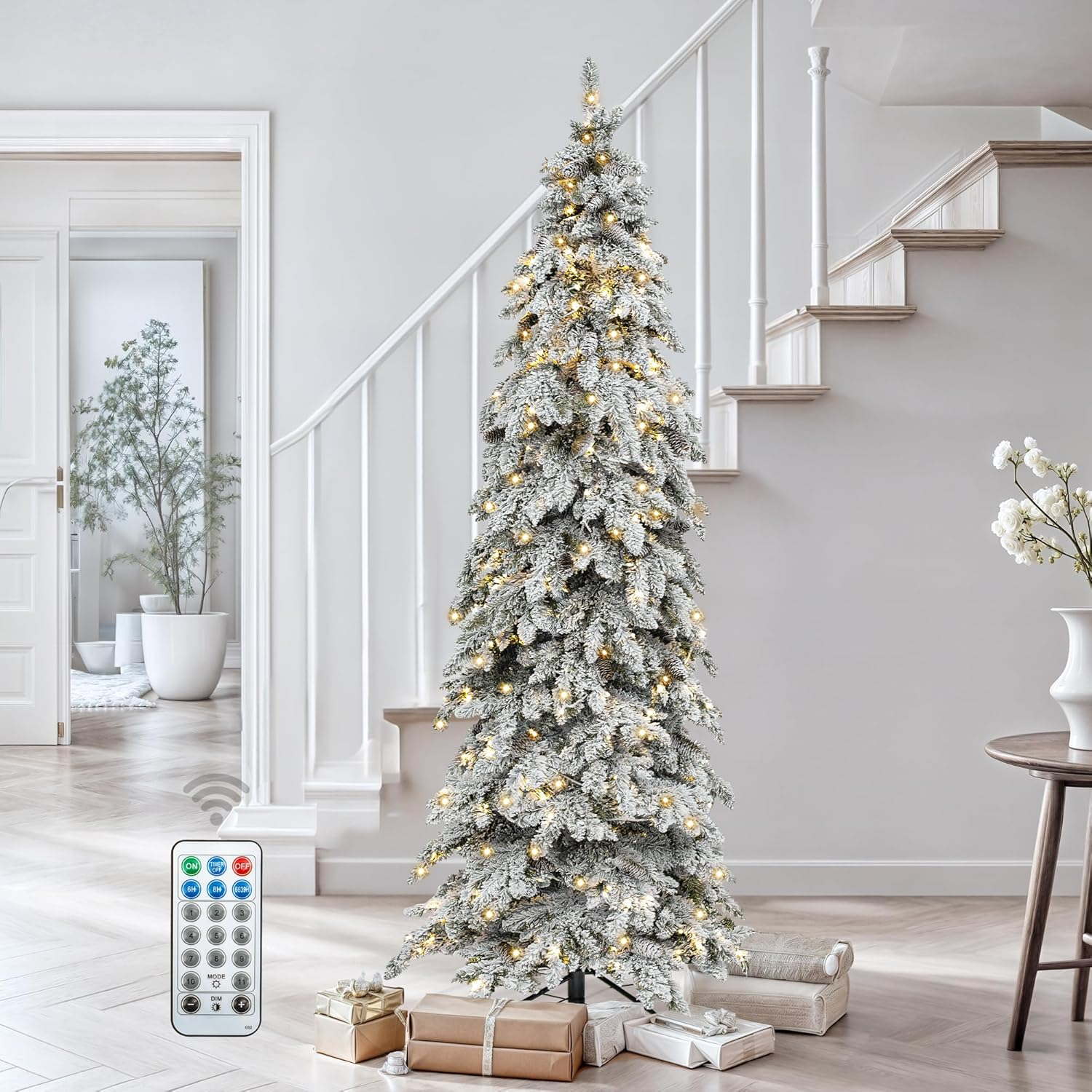 Pre-Lit Flocked Slender Spruce Artificial Christmas Tree Adorned, 9 FT