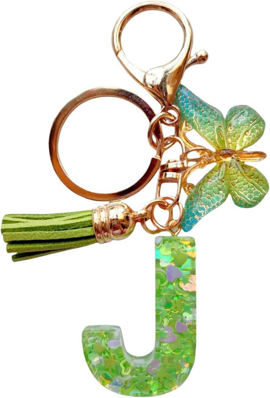 Cute Initial Letter Keychains for Women Girls Tassel Butterfly Pink Purple Green Keychain for Backpack School Bag