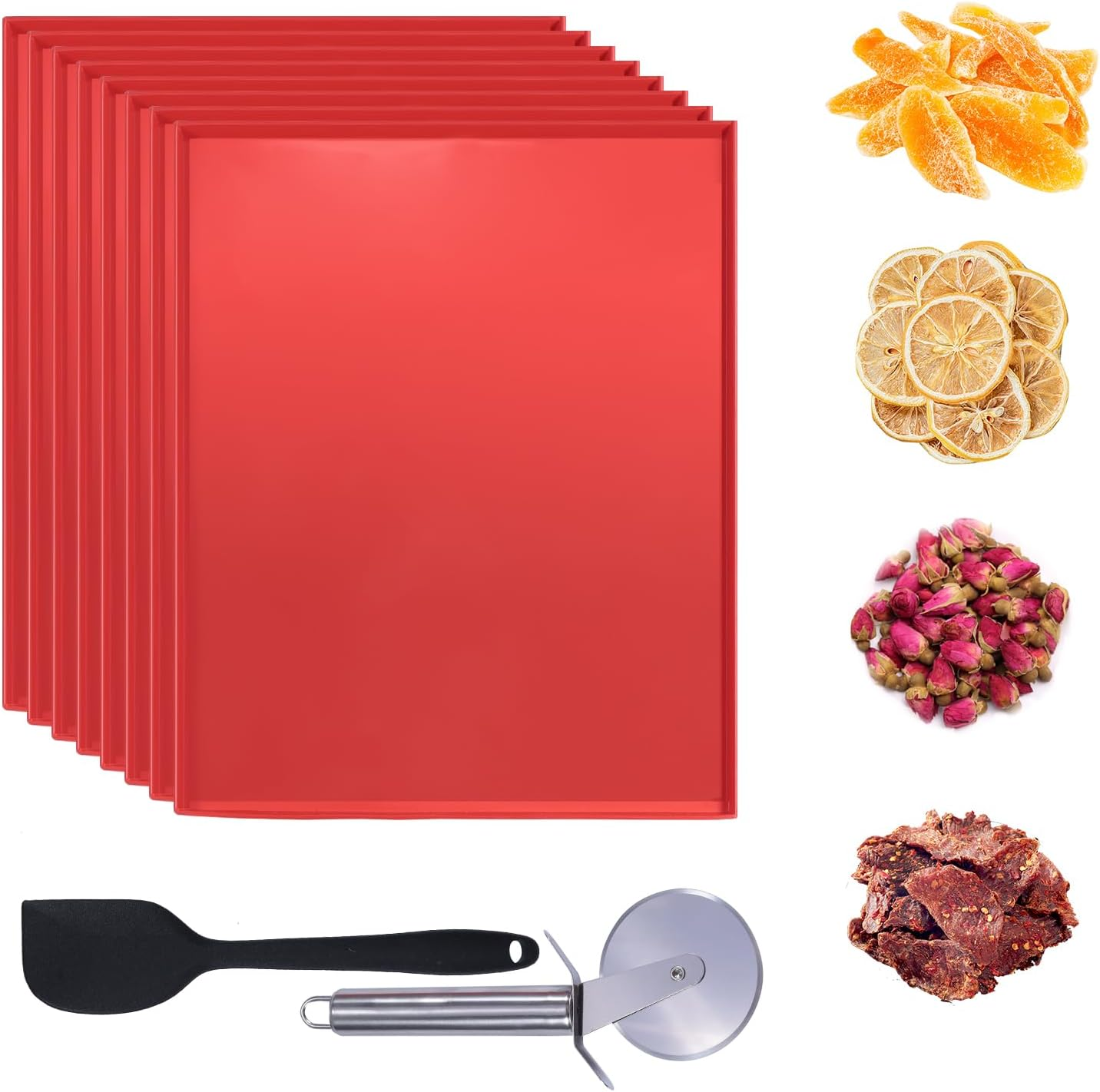 8PCS Silicone Dehydrator Trays for Fruit Leather 12 X 10 Inch Non-Stick Dehydrator Mats with Edge for Fruit Vegetables Meat Herbs Liquid Crackers with Silicone Scraper and Cutter Wheel