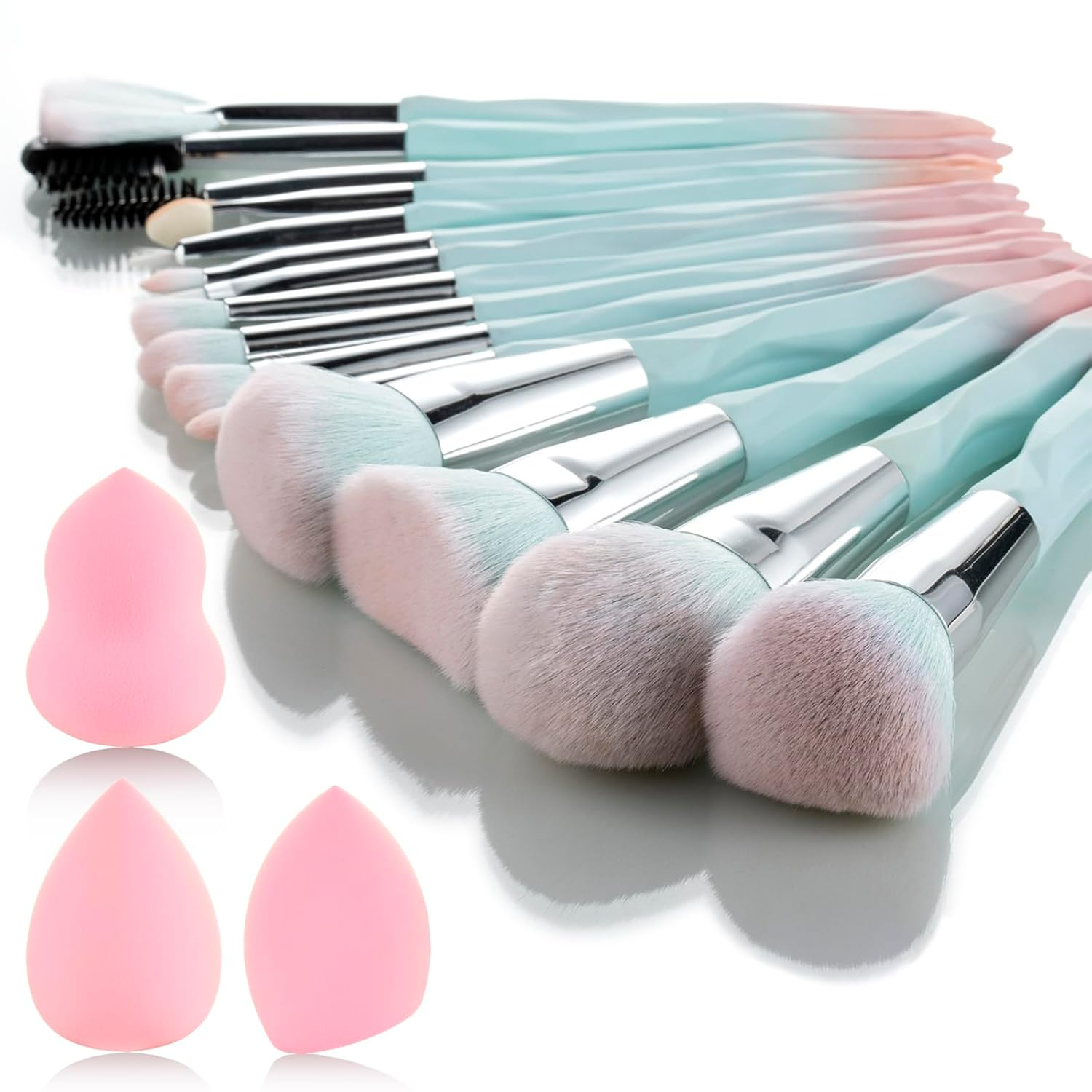 111 Pink Blue Gradient Makeup Brushes and Makeup Sponges Set 18Pcs/Set ,Soft Synthetic Fiber Makeup Brush Set,Suitable for Beginners/Makeup Artists, Valentine'S Day, Christmas Gifts