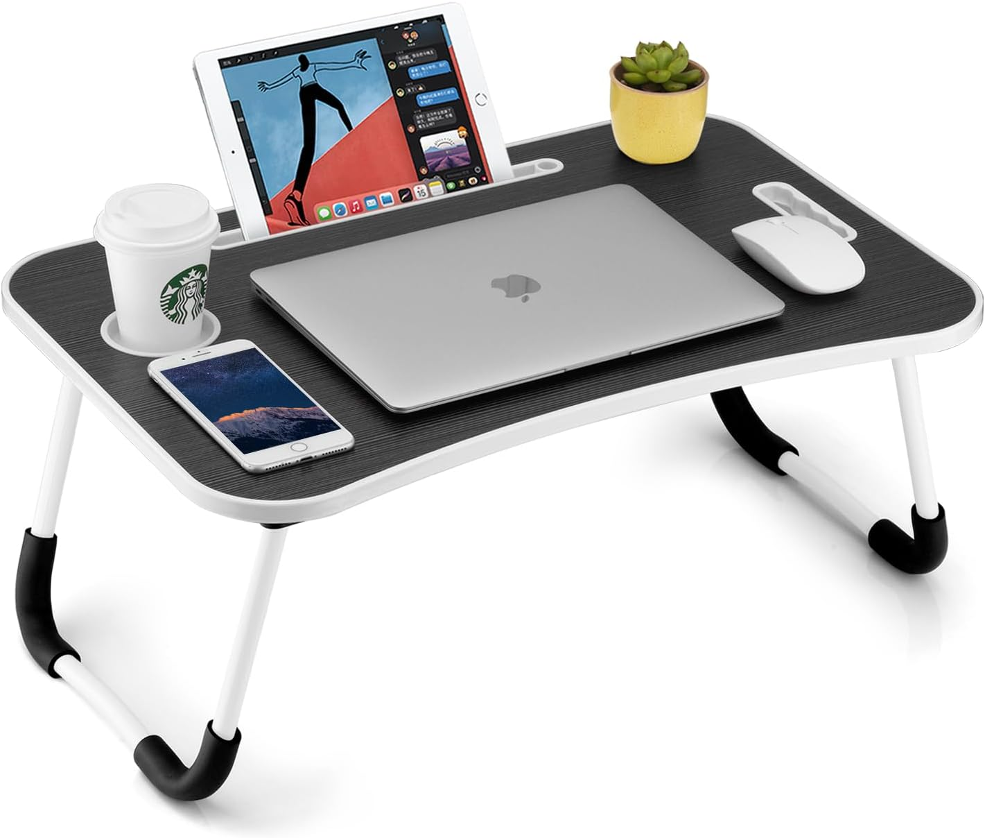 Foldable Laptop Table, Portable Lap Desk Bed Table Tray, Laptop Stand with Cup Holder & Tablet Slot & Lifting Handle for Working Writing Drawing & Eating (Black)
