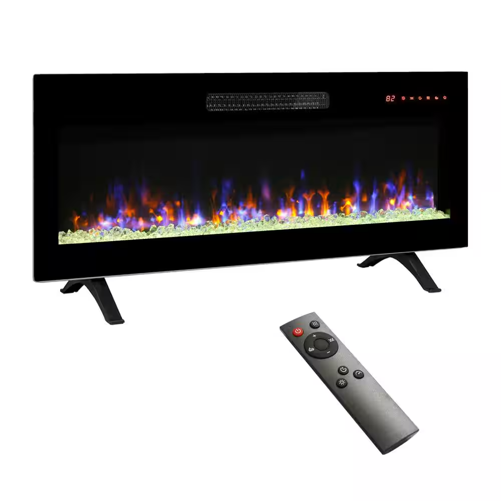 42 In. Freestanding Electric Fireplace in Black with Remote and Multi-Color Flame, Convertible to Wall-Mount or Recessed