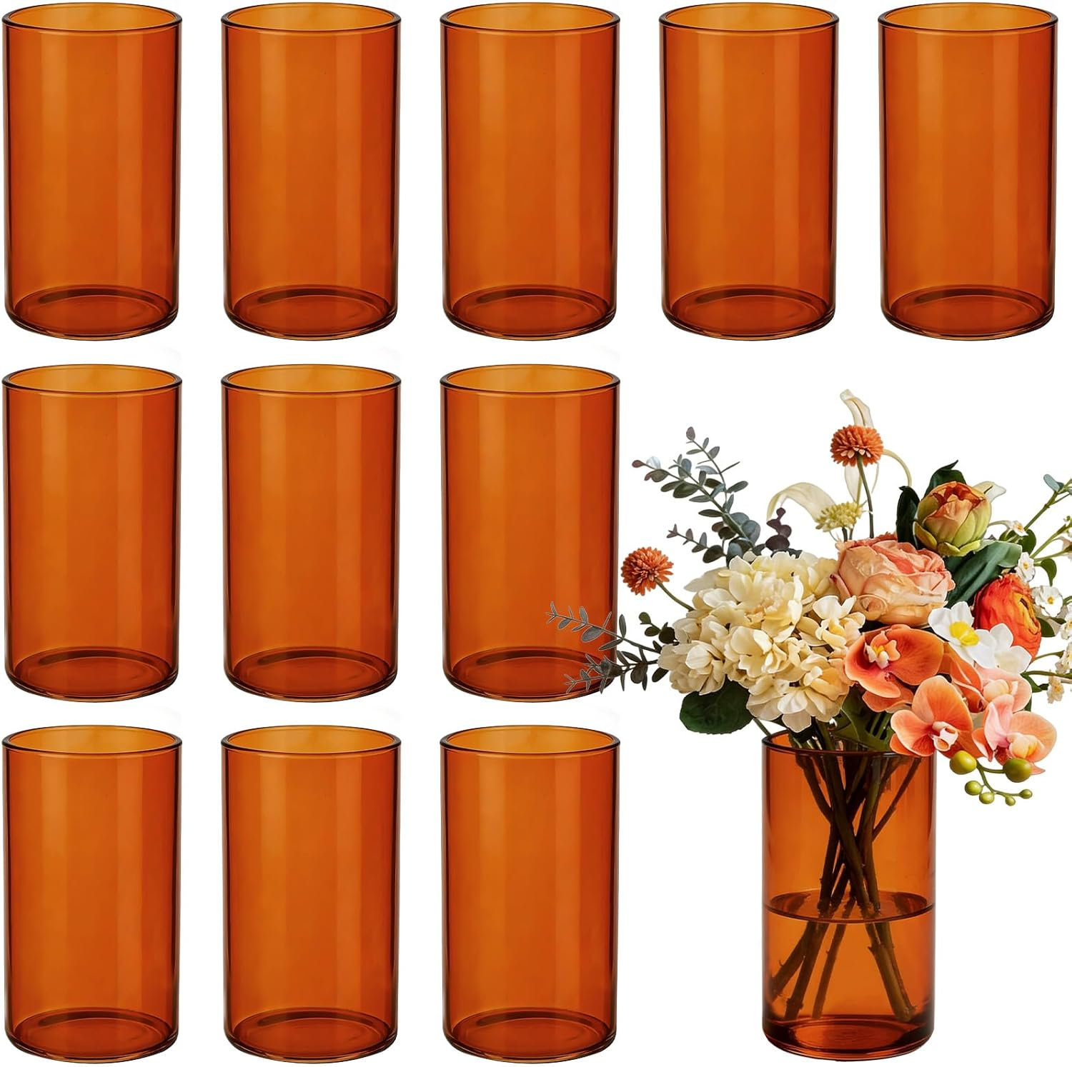 12Pcs Amber Glass Cylinder Vases for Centerpieces, 6 Inch Bulk Flower Vases for Wedding Decorations, Hurricane Candle Holder for Floating Candles and Table Home Decor