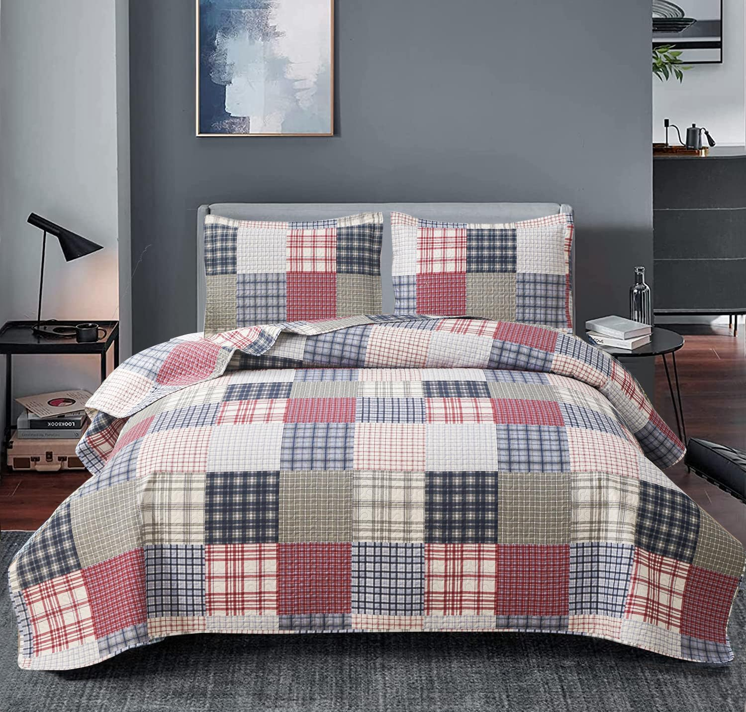 Quilt Set King Size Plaid Bedspread Set Soft Lightweight Bedding Set Red Navy White Patchwork Quilts Reversible Bedspread Coverlet Set Home Collections Bed Set with 2 Pillow Shams