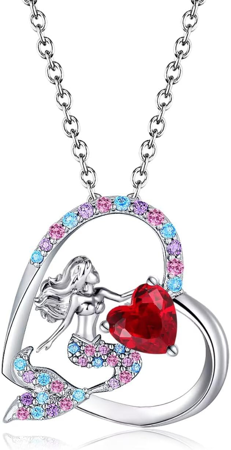 Mermaid Birthstone Necklace for Kids Girls Heart Mermaid Tail Beaded Necklace Gifts Birthday Jewelry for Little Teens Girls Daughter Granddaughter Niece