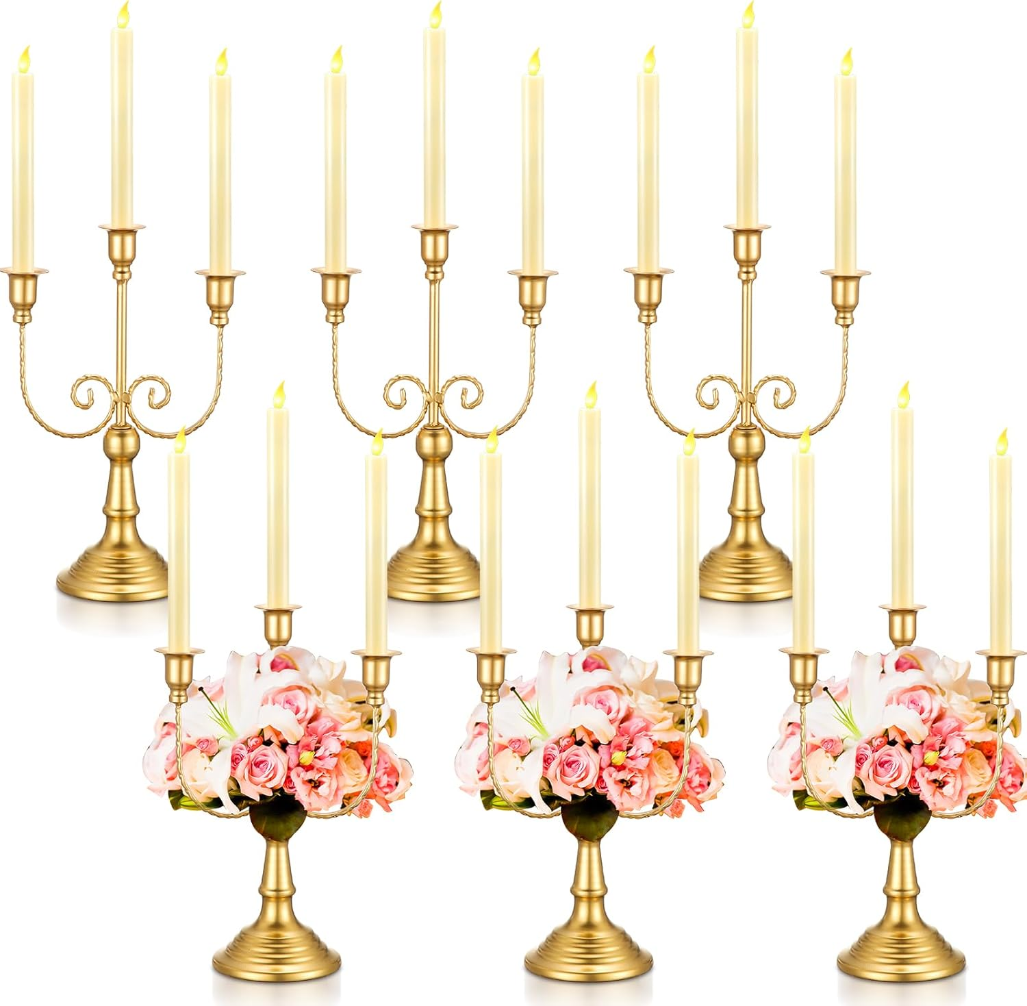 6 Pcs Gold Candelabra Candle Stand Metal Candlestick Holder 3 Arm 12 Wedding Candlestick Holder for Theme Party Table Centerpieces Wedding Holiday Birthday Party