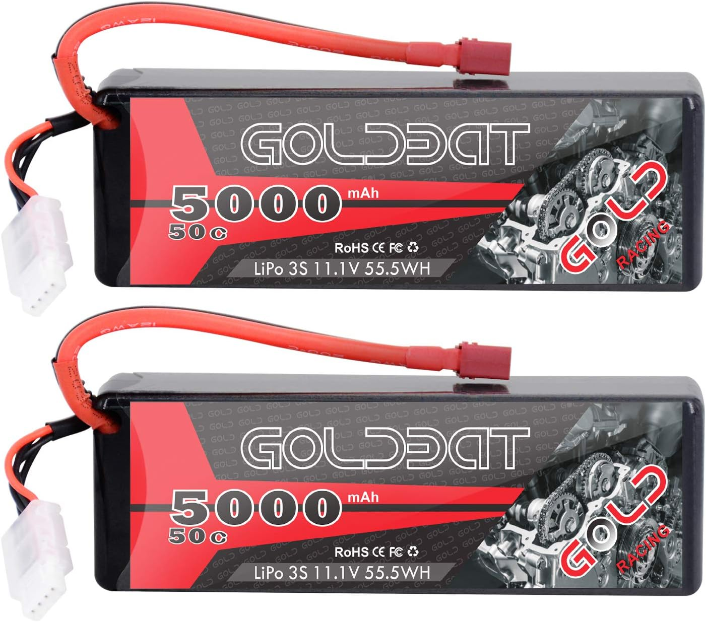 GOLDBAT 11.1V 5000Mah 3S 50C Lipo RC Battery Pack Hard Case with T Connector for E-Maxx Axial RC Car Truck Buggy Truggy Hobby (2 Pack)