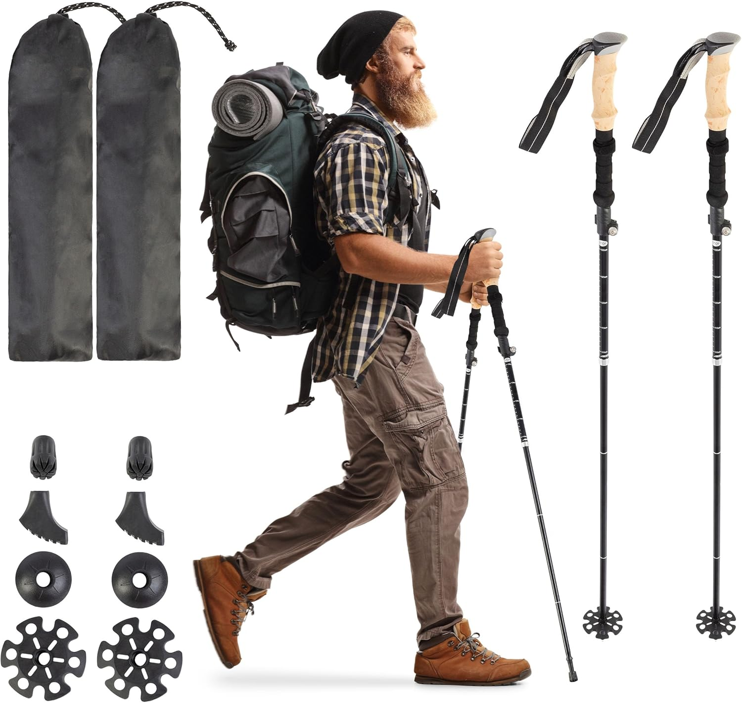 Collapsible Hiking Poles – Set of 2 Adjustable Aluminum Alloy Trekking Poles with Comfortable EVA Foam Handles for Sports & Outdoors, Camping Gear – Includes Various Pole Tips and Carrying Bag, Black