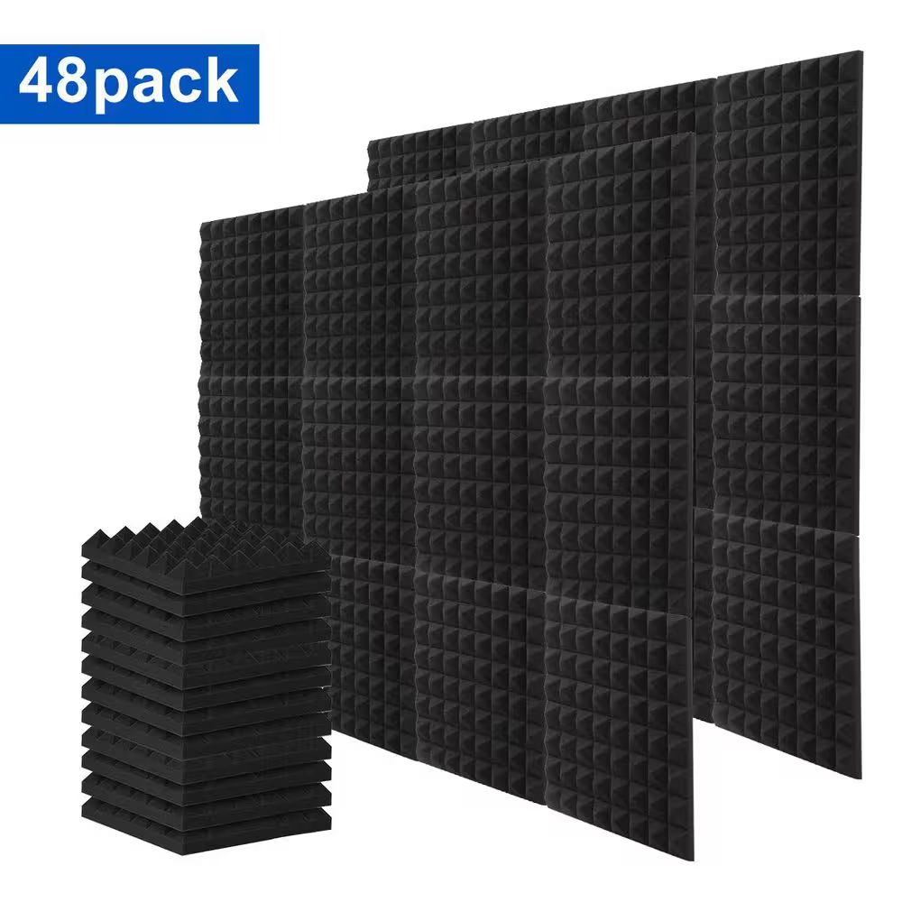 3 In. T X 1 Ft. X 1 Ft. Black Professional Pyramid Acoustic Foam Sound Absorbing Panel for Wall Noise Reduction 48-Pack