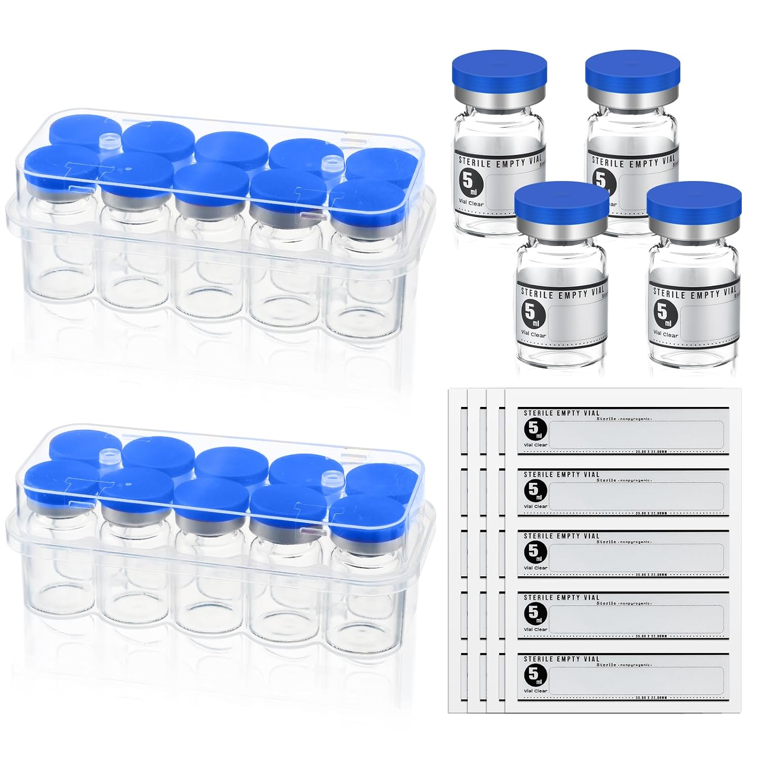 20 Pcs 5Ml Sealed Sterile Empty Vials with Self Healing Injection Port Glass Penicillin Bottle with 20 Label Stickers(Blue)